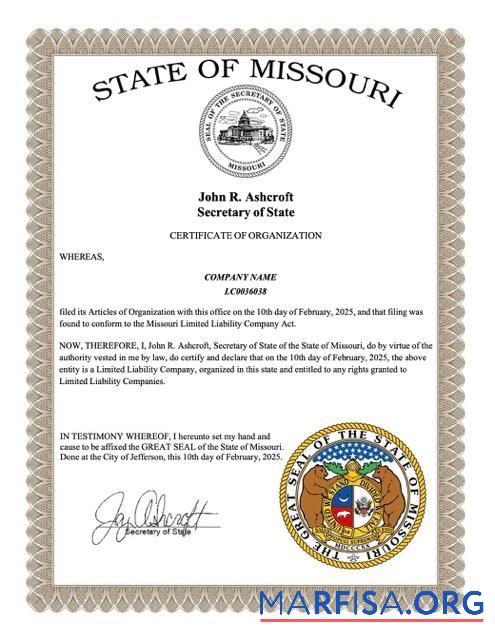 Downloadable USA Missouri certificate of organization Word and PDF template